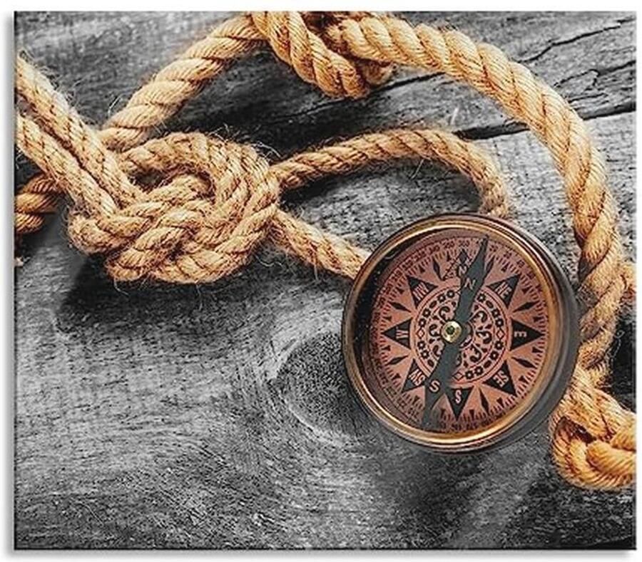 Scheepstouw en Kompas Afdekplaat & Spatbescherming van Echt Glas voor Kookplaten 60 x 52 cm