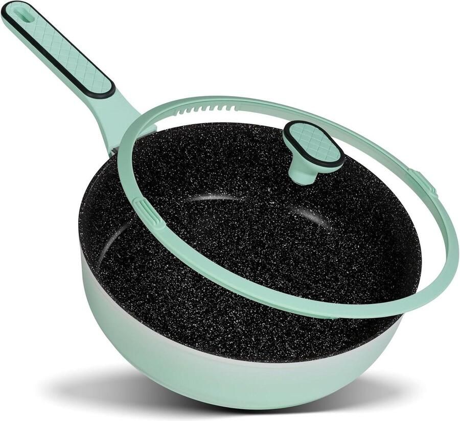Schmorpfanne met Deksel Stoofpan Hapjespan Koken en Braden Antiaanbaklaag met steendeeltjes 28 cm Mintgroen