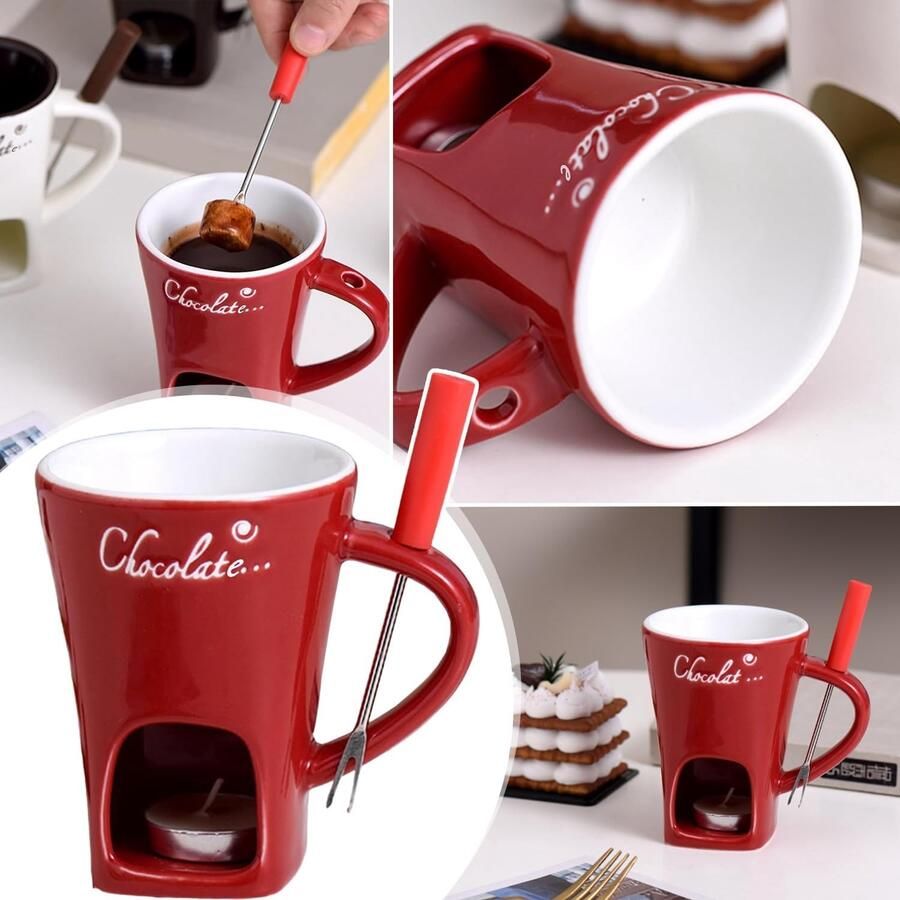 Schokofondue Beker Set Rood 200 ml Keramische Fonduebeker met Vork en Theekaars Voor Chocolade en Kaas