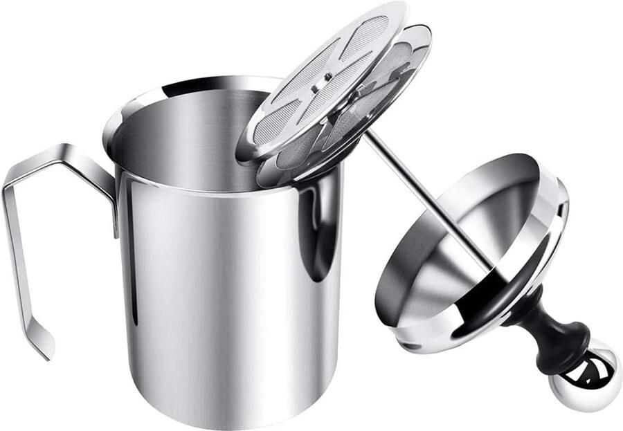 Schuimmaker roestvrijstalen handmatige melkopschuimer handmatige melkschuimmaker met dubbel schuimscherm voor cappuccino koffie latte warme chocolademelk 400 ml