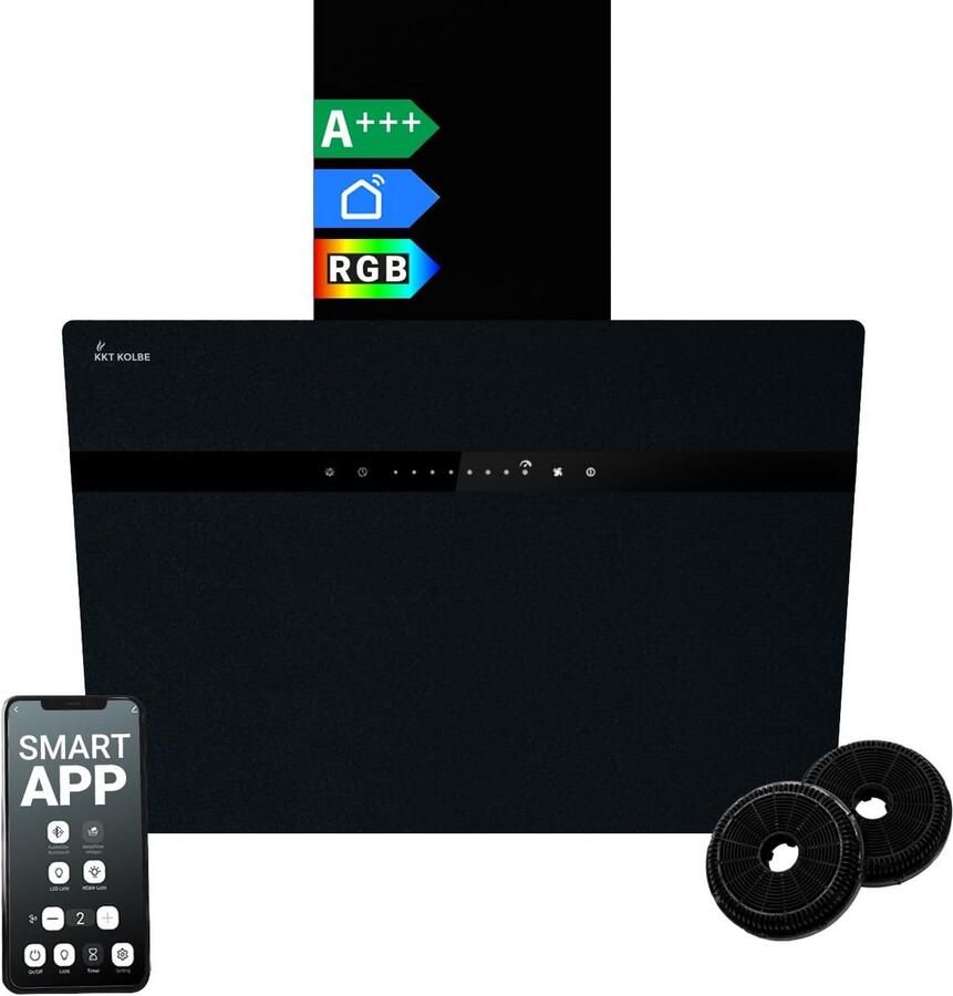 Schuine Afzuigkap 60 cm RVS en Zwart Glas met RGBW LED en Touchbediening