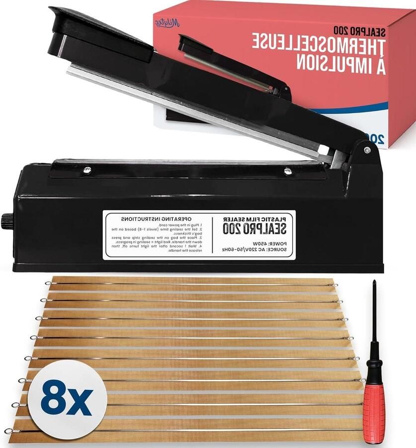Sealing machine Heat sealer thermosealer Plastic bag sealing 8 temperature levels 200 mm width Black