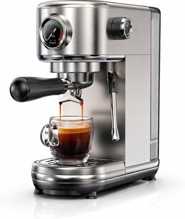 Semi-Automatische Espressomachine 20 Bar Druk Instelbare Temperatuur Koud en Warm Koffie Espresso Cappuccino Latte Compact Slank Design Roestvrij Stalen Behuizing Drukindicator Thuisbarista Koffiezetapparaat