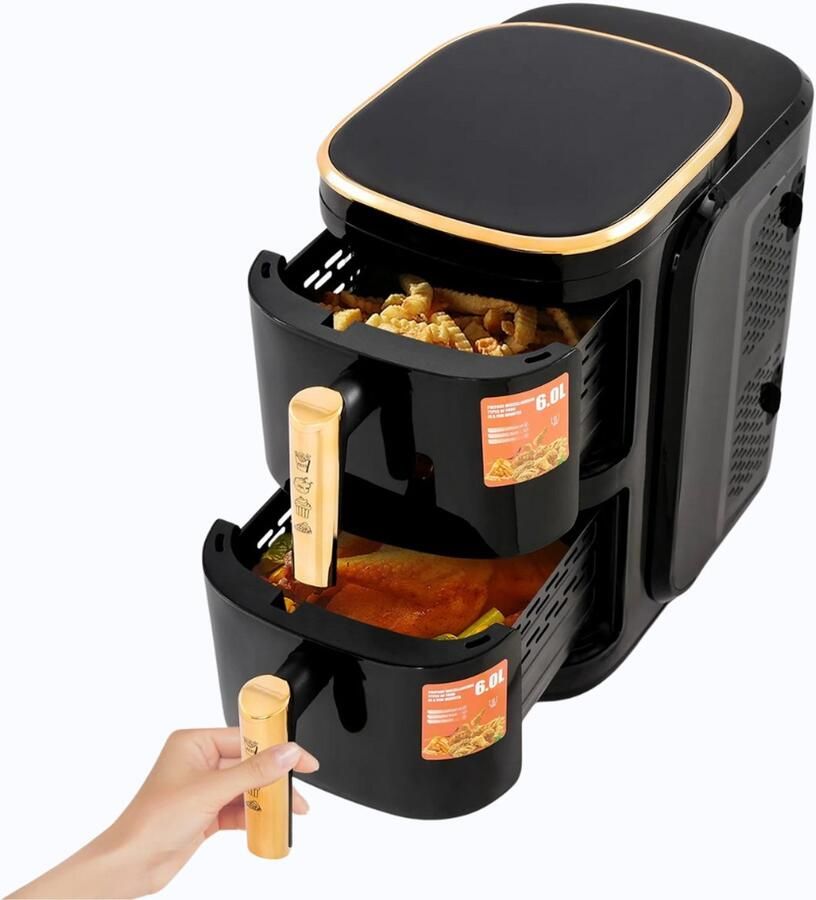 Sensova Airfryer Dubbellaags 2400W 6L + 6L Grote Heteluchtfriteuse met Twee Onafhankelijke Manden voor 6-8 Personen Multifunctionele Airfryer en Heteluchtoven voor Gezond Snel en Vetarm Koken Zonder Olie
