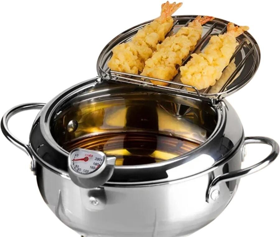 Sensova RVS Friteusepan met Thermometer en Deksel 3-4L Oliepan voor Tempura Friet en Snacks Oliebesparend Design met Afvoerrek Geschikt voor Gas en Inductie 24 cm Diameter Duurzaam Roestvrij Staal Compact en Eenvoudig te Reinigen