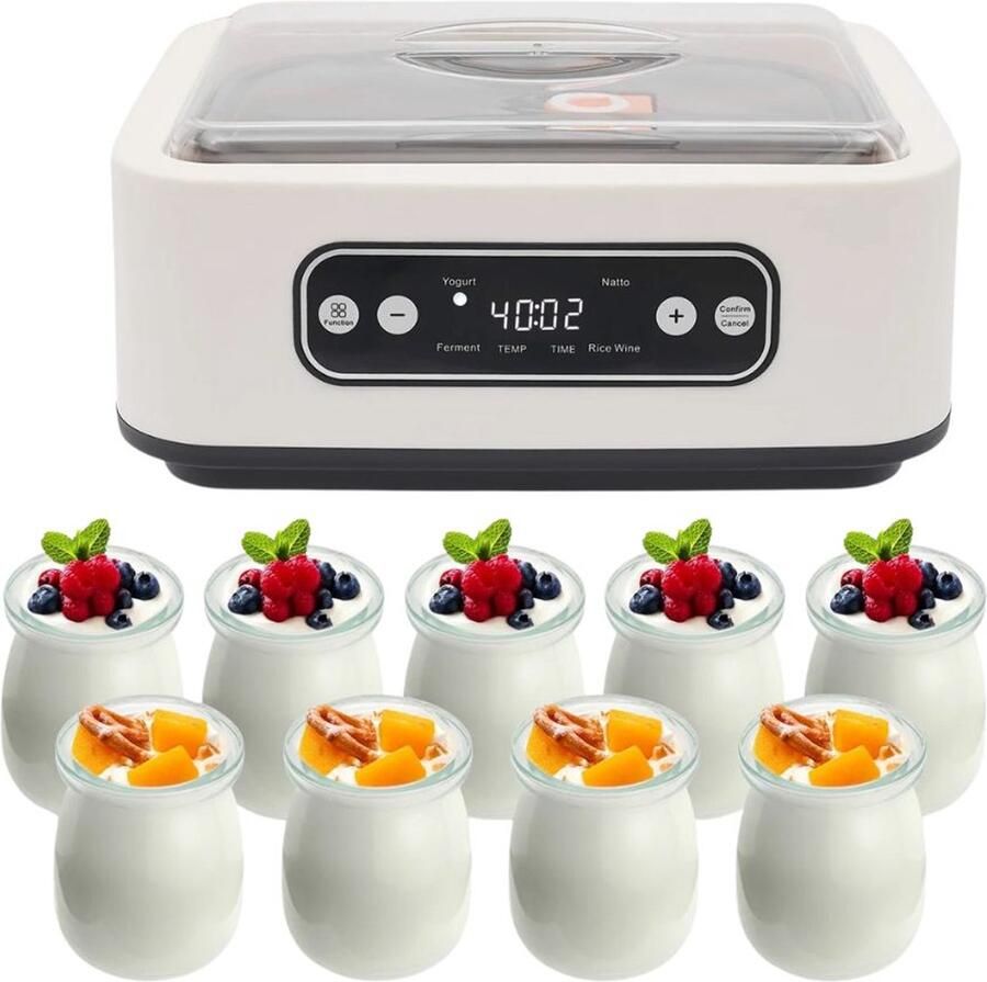 Serolux 4 in 1 Yoghurtmaker Yoghurtmakers Rijstwijn Natto 9 glazen potten Roestvrij staal Temperatuurregeling 15W 240V LCD-display Timer 1.6 Liter Wit
