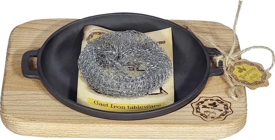 Serveer Pan ø 18 x 2 5 cm Inclusief Houten Serveerplank BBQ Accessoires Borrelplank Tapasplank BBQ Pannen Hapjespan PFAS vrij Zwart