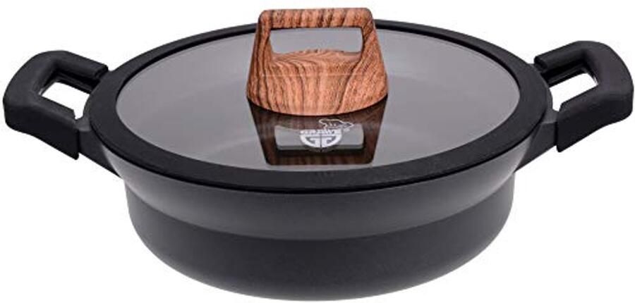 Serveerpan 28 cm van gegoten aluminium met glazen deksel voor vetarm braden en smoren