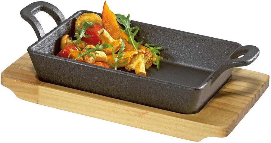 Serveerpan Gietijzer Braadpan Stijlvol Serveren Met Houten Plank 24 cm Zwart