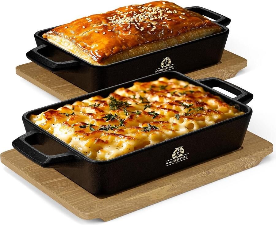 Serveerpan Gietijzer Kleine Pan Stijlvol Serveren Inclusief Houten Onderzetter 16 x 11 cm Zwart
