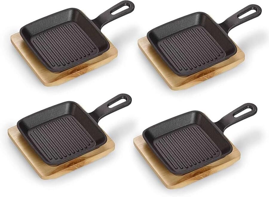 Serveerpan van gietijzer vierkante ovenschaal met serveerplank grillstrepen al ingebrand geschikt voor oven barbecue en inductie ideaal voor het serveren 4-delig