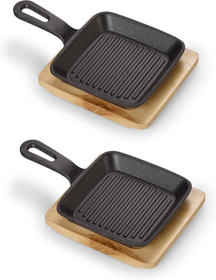 Serveerschaal Gietijzer Ovenschaal Grillpan Stijlvol Serveren Inclusief Houten Plank 22 cm Zwart