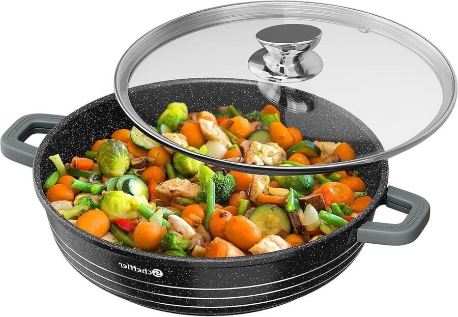 Serveerschaal Inductie Braadpan Stoofpan Gezond Koken Marmeren Antiaanbaklaag 28 x 7.5 cm Zwart
