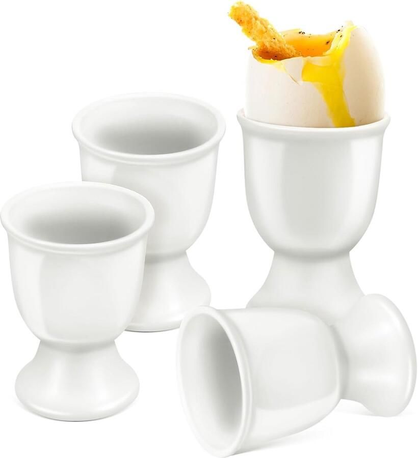 Set Keramische Bekers Eierhouders Ontbijt Serveren Elegant Ontwerp 4 Stuks Wit