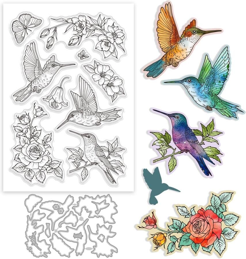 Set met Transparante Stempels en Snijmalen Colibri voor Kaarten Maken Roze Lentebloemen Transparante Siliconen Stempel Metalen Vogels Vlinder Snijmallen