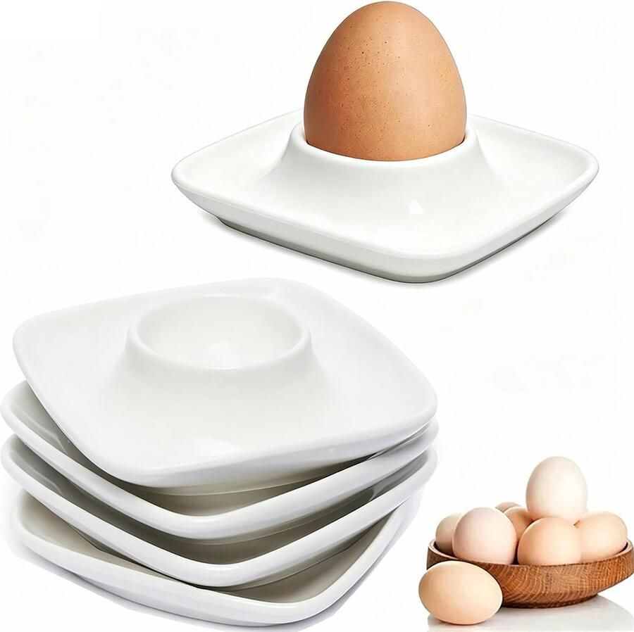 Set met zachte gekookte eierhouders 4 stuks eierdopjes wit plastic gekookt eierdopje set met eierhouder vierkant stapelbaar eierstandaard met dienblad geschikt voor keuken gekookte eieren