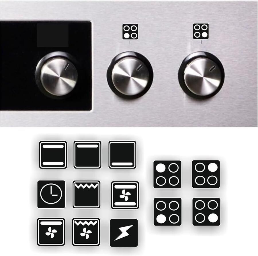 Set Oven & Fornuis Symbolen Stickers Universele Markeringen voor Gas & Elektrisch Fornuis (Zwart Wit 15mm)