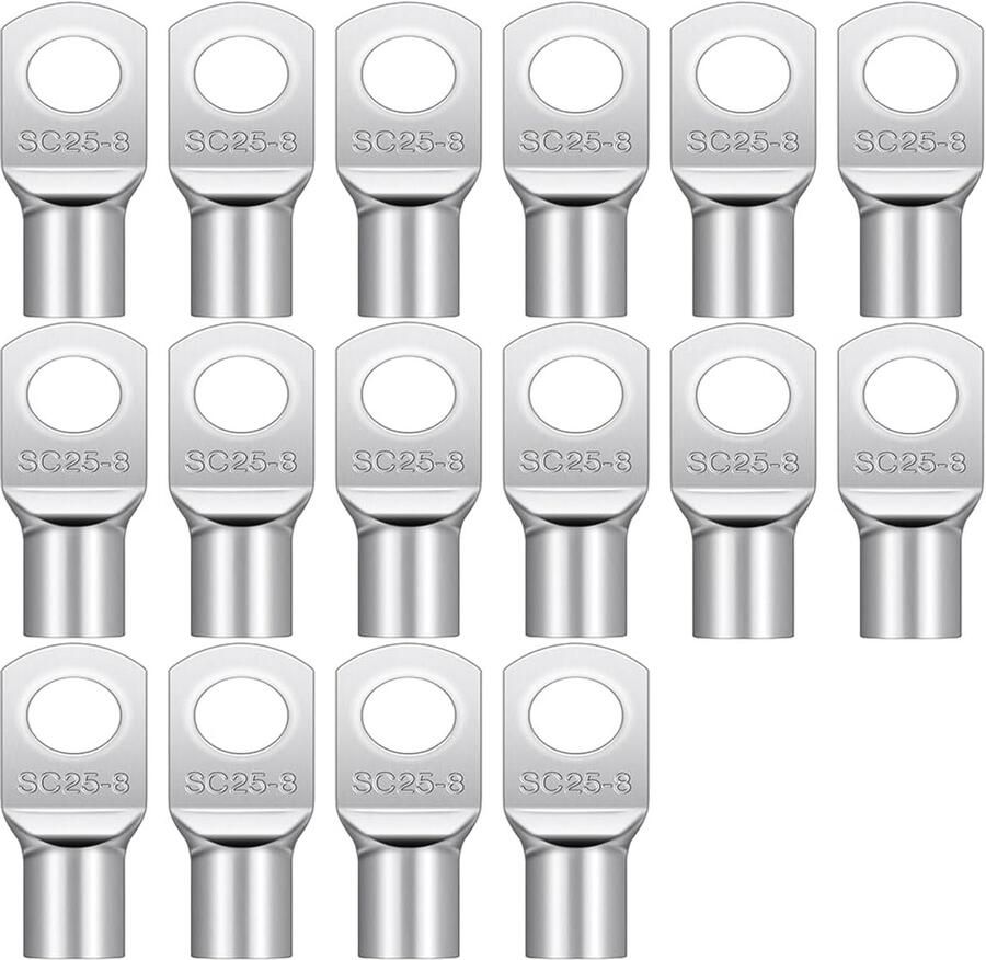 Set SC25-8 ringkabelschoenen 25 mm² M8 niet-geïsoleerde kabelschoenen van verdikt koper vertind voor accukabel verdelerkast motorfiets boot zonnepanelen 16 stuks