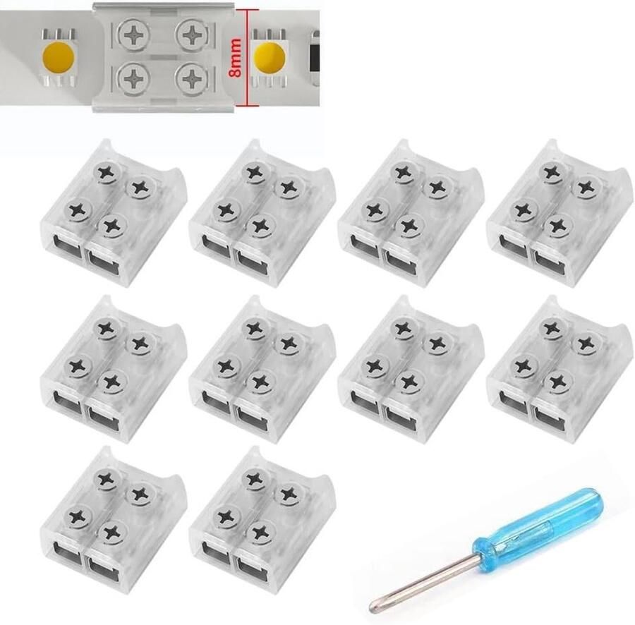Set van 10 SMD 5050 3528 LED-strips met 2 aansluitingen 8 mm soldeerloos Snel en gemakkelijk te monteren Met schroevendraaier Transparant