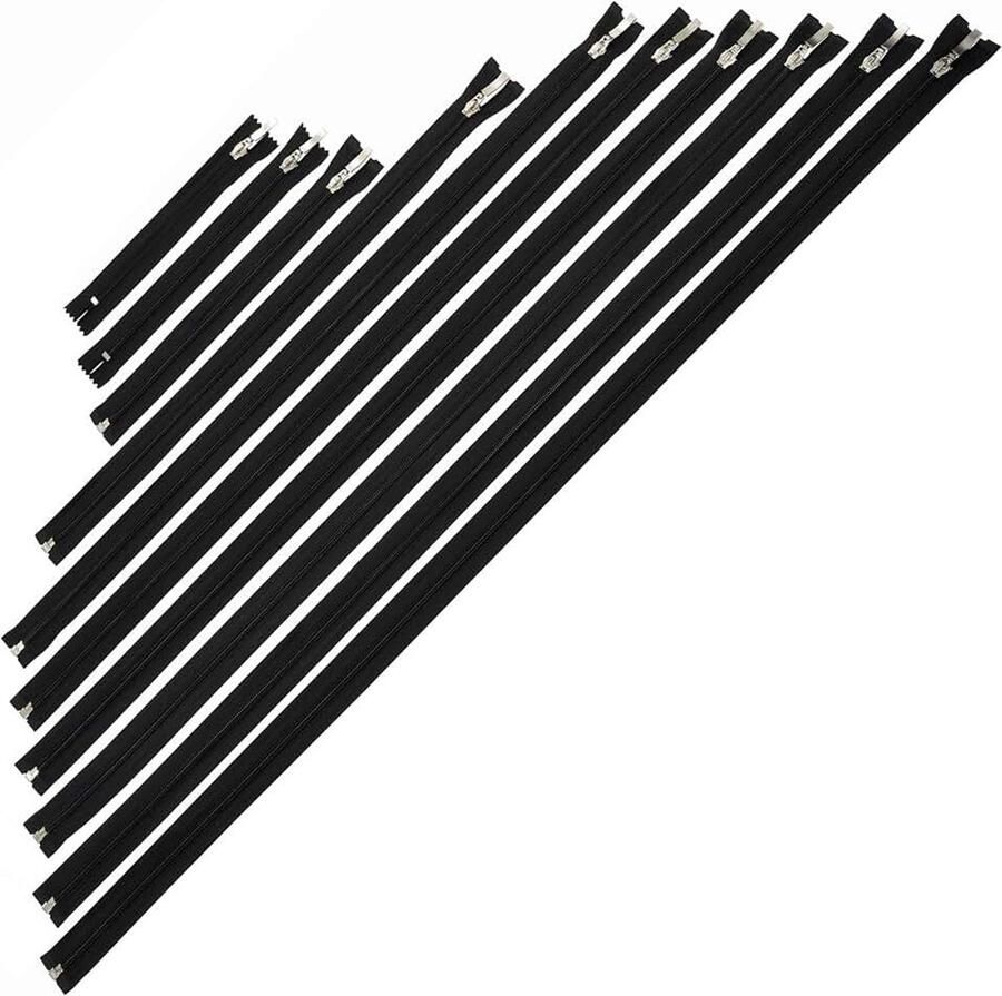 Set van 10 spiraalritsen Nr. 5 : 8 deelbaar (25 45 60 65 70 75 80 85 cm) + 2 niet-deelbaar (16 20 cm) zwart met decoratieve trekkers