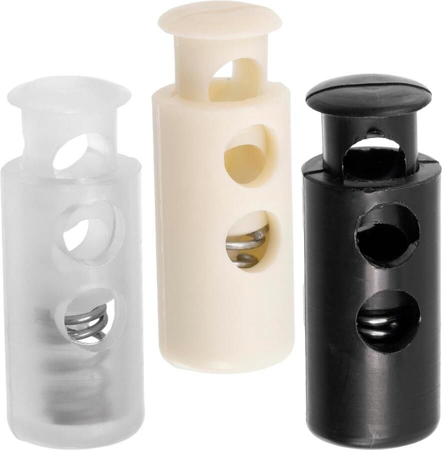 Set van 12 cilindrische koordstoppers met veer en 2 gaten kleur ecru donkerblauw transparant wit openingen 3.5 mm van kunststof DIY creaties aanpassing veters kleding