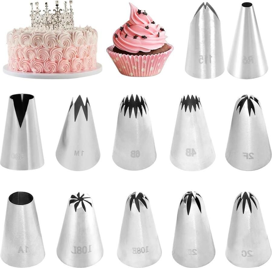 Set van 12 herbruikbare roestvrijstalen spuitmonden voor cake- en koekjesdecoratie ideaal voor taarten cupcakes en bakprojecten