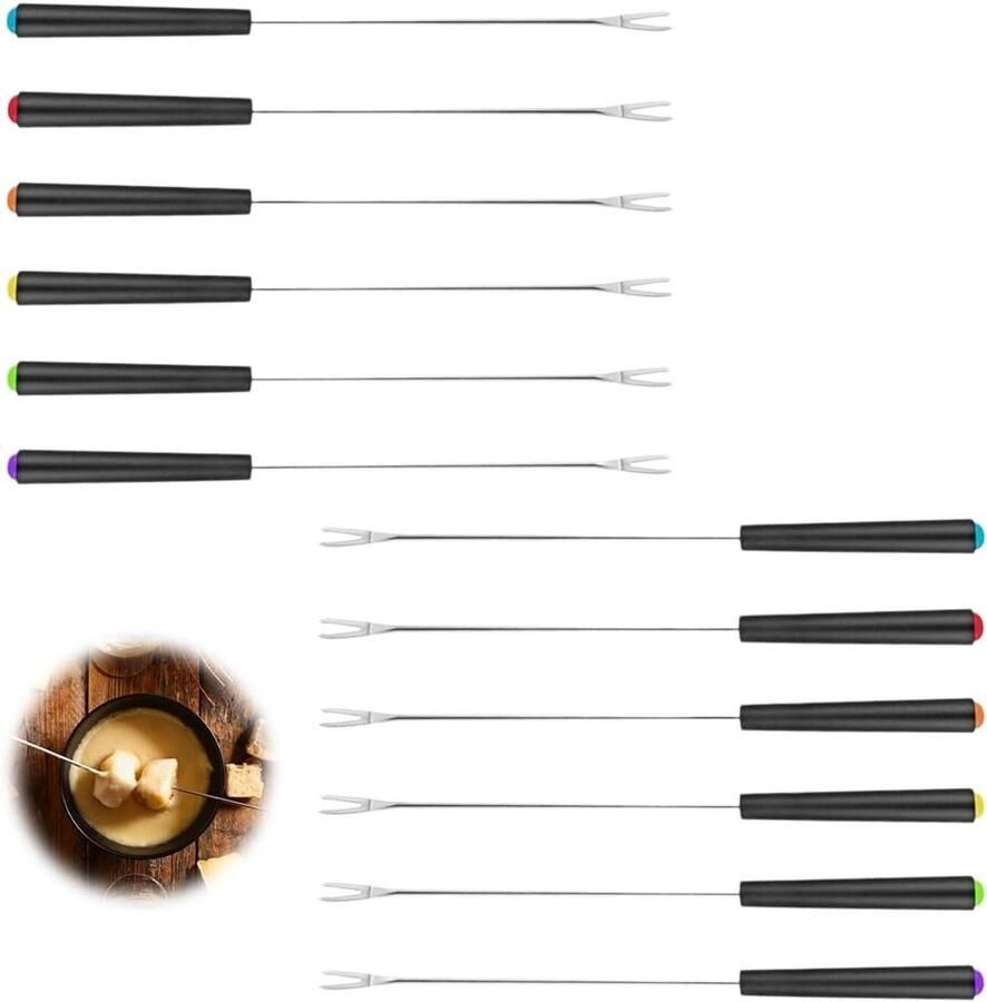 Set van 12 Herbruikbare Fonduevorken van Roestvrij Staal met Kleurenmarkering en Kunststof Handgreep voor Kaas Chocolade en Vlees Fondue 24CM Lengte