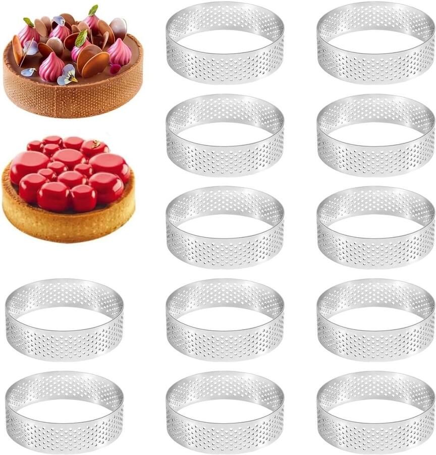 Set van 12 Mousse Tartlet Vormen van 8 cm Perforated Dessert Ringen voor Taarten Gebak en Mini Gerechten Roestvrij Staal Ideaal voor Muffins en Mini Pizza's