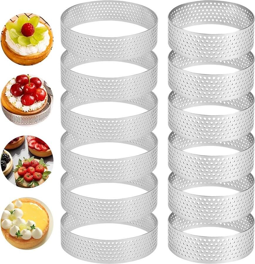 Set van 12 perforated tartelette molds van roestvrij staal voor desserts taarten muffins en pizza's 8 cm en 5 cm
