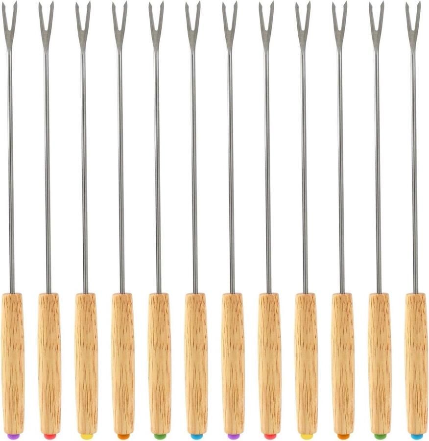 Set van 12 roestvrijstalen fonduegabels met houten klauw voor chocoladefondue en grillen van marshmallows 24 cm lang ideaal voor feestjes en buitenactiviteiten