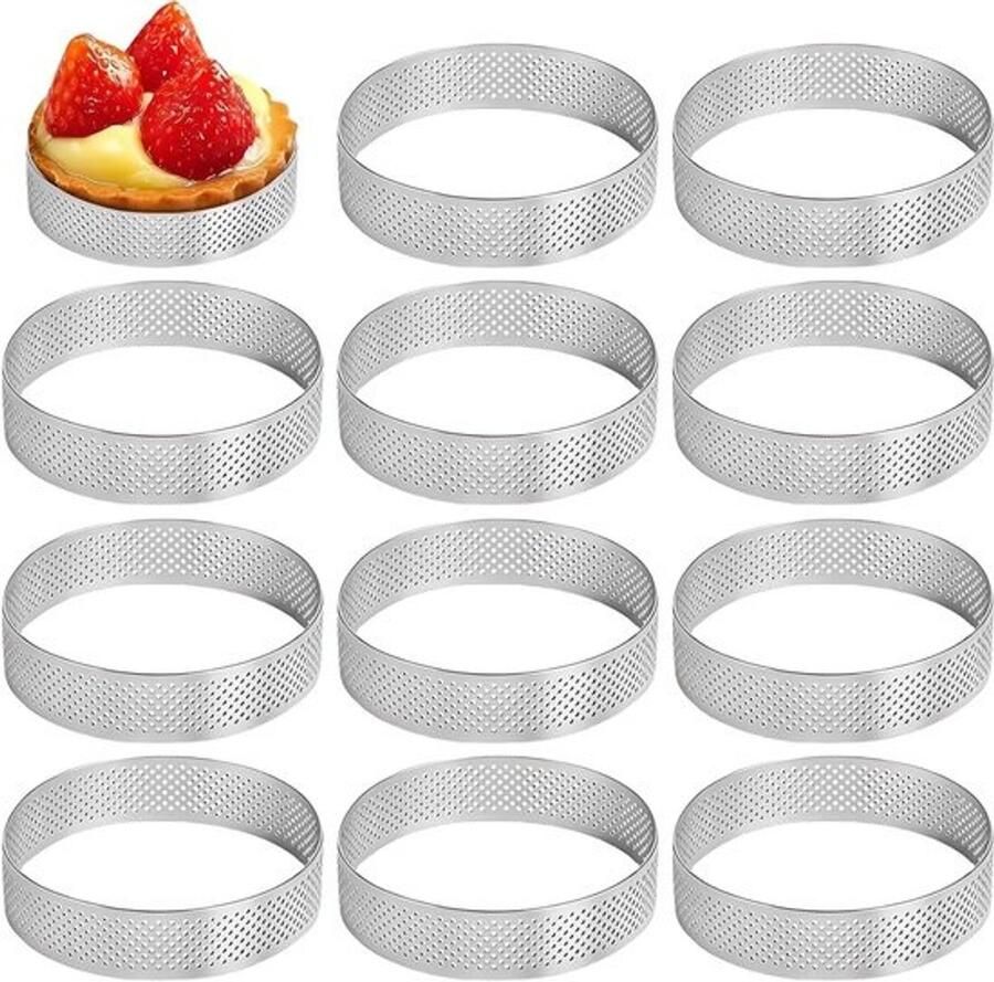 Set van 12 ronde mousse-tarteletvormen van roestvrij staal diameter 6 cm voor taarten desserts en mini-pizza's