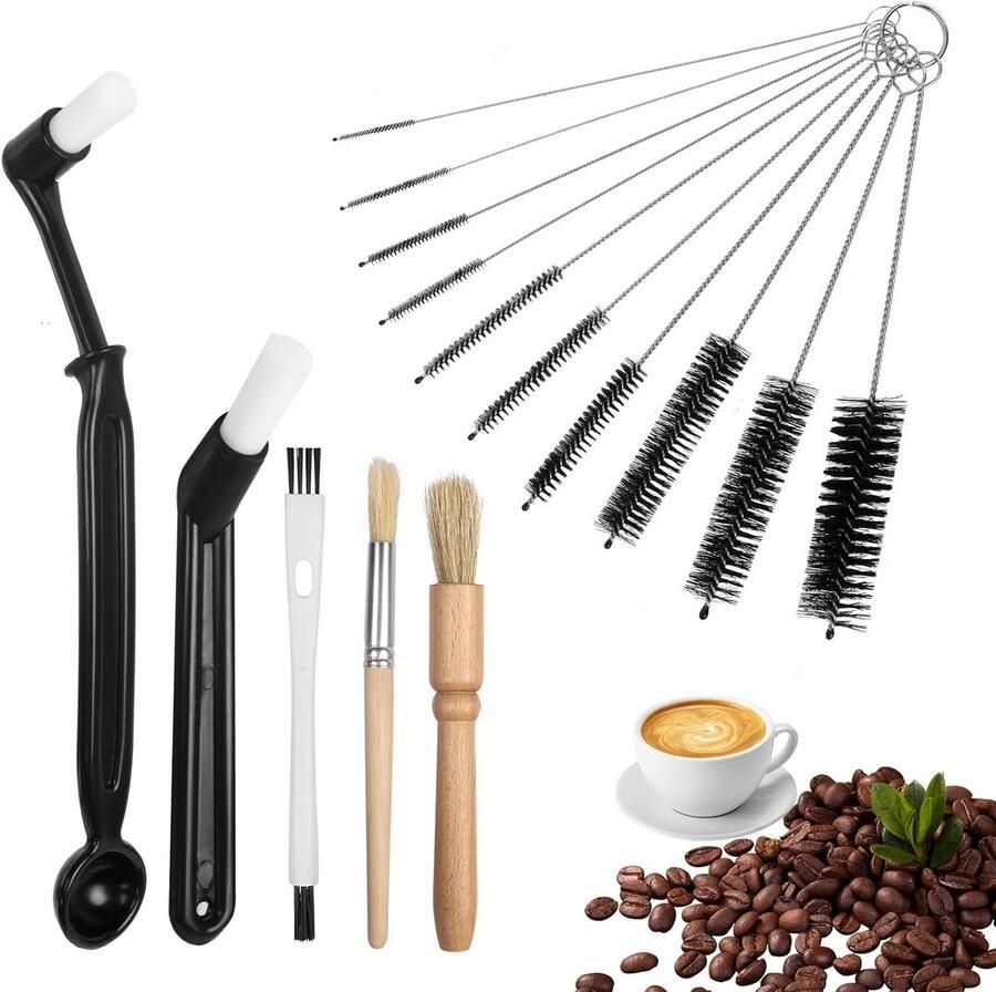 Set van 15 Schoonmaakborstels voor Koffiemachines en Koffiemolens met Lepel en Dunne Pijpenborstels voor Optimale Reiniging van Espresso Apparatuur