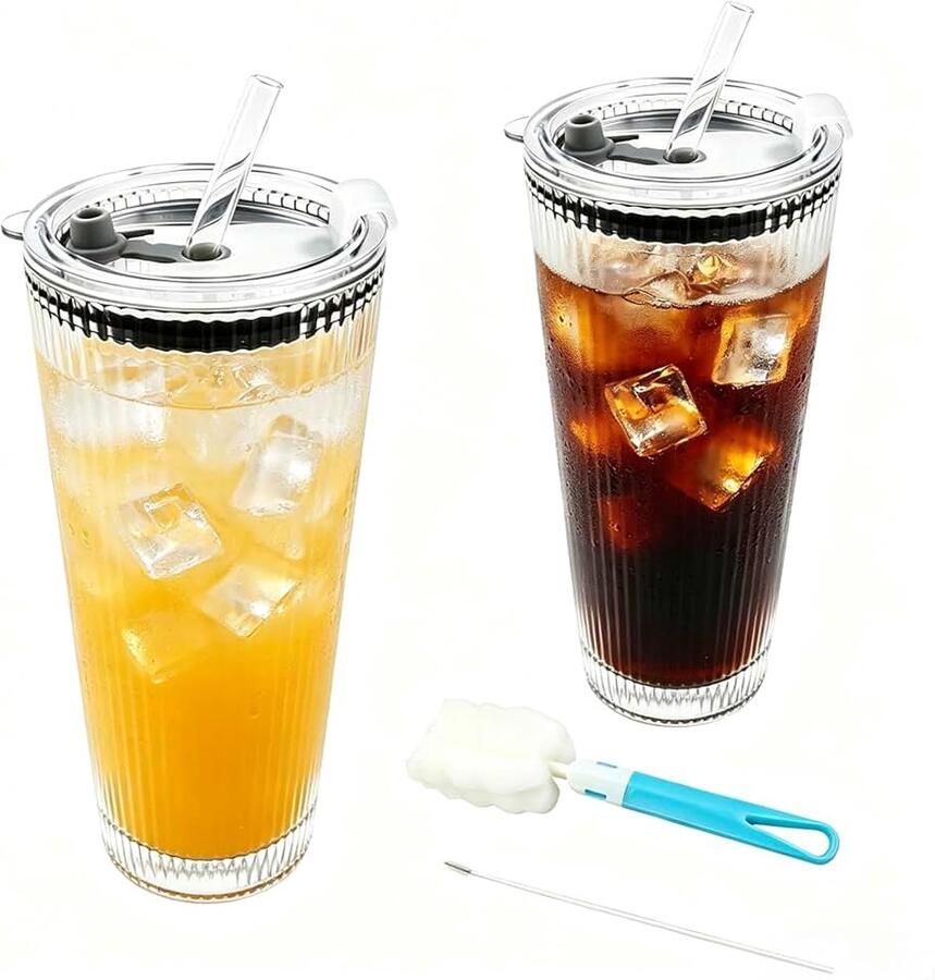 Set van 2 450 ml geribbelde glazen bekers met deksel en rietje koffieglas waterglazen ideaal voor ijskoffie smoothie en sap