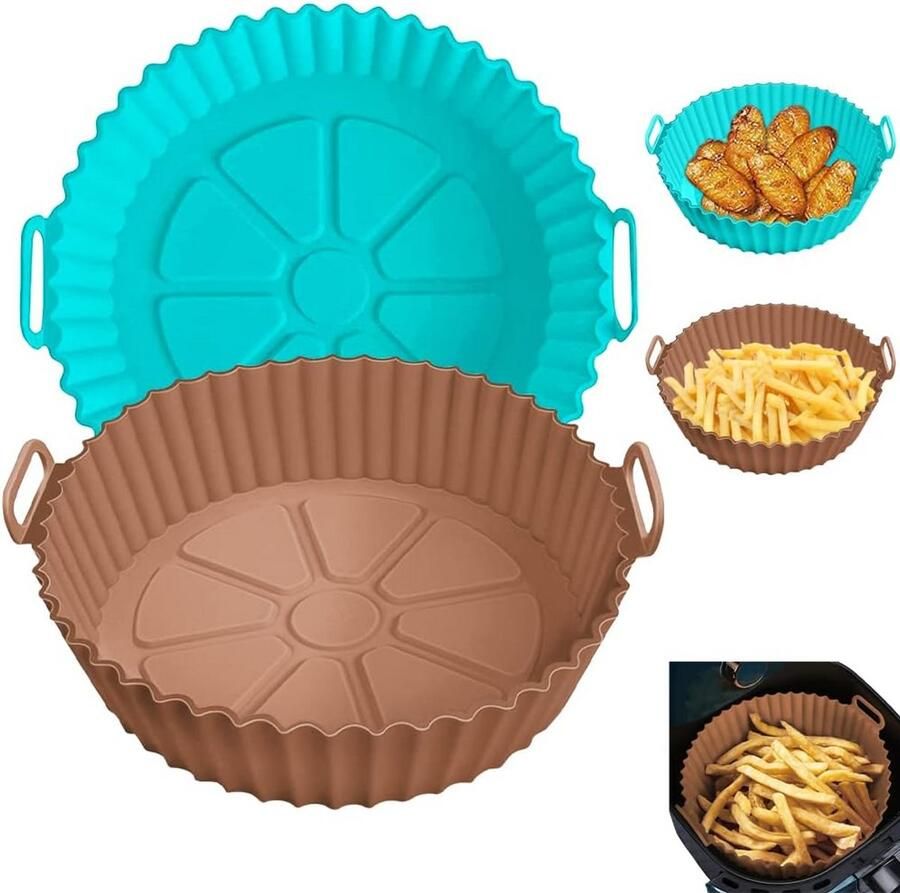 Set van 2 Airfryer Siliconen Mandjes Herbruikbaar Bakpapier Vervanging voor 3 tot 5 Liter Blauw & Bruin