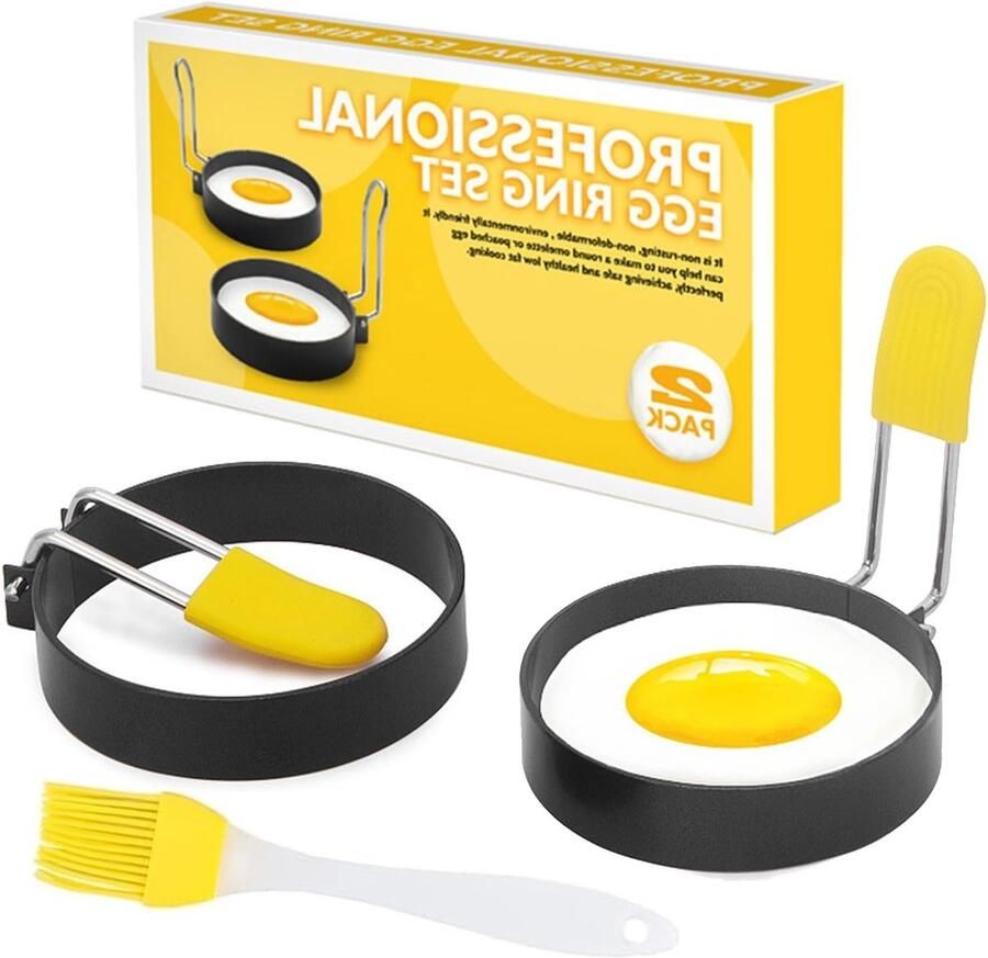 Set van 2 Antiaanbak Ei- en Pannenkoekenringen met Flip Handvat en Oliekwast Perfect voor Ontbijt en Brunch (7.5cm)