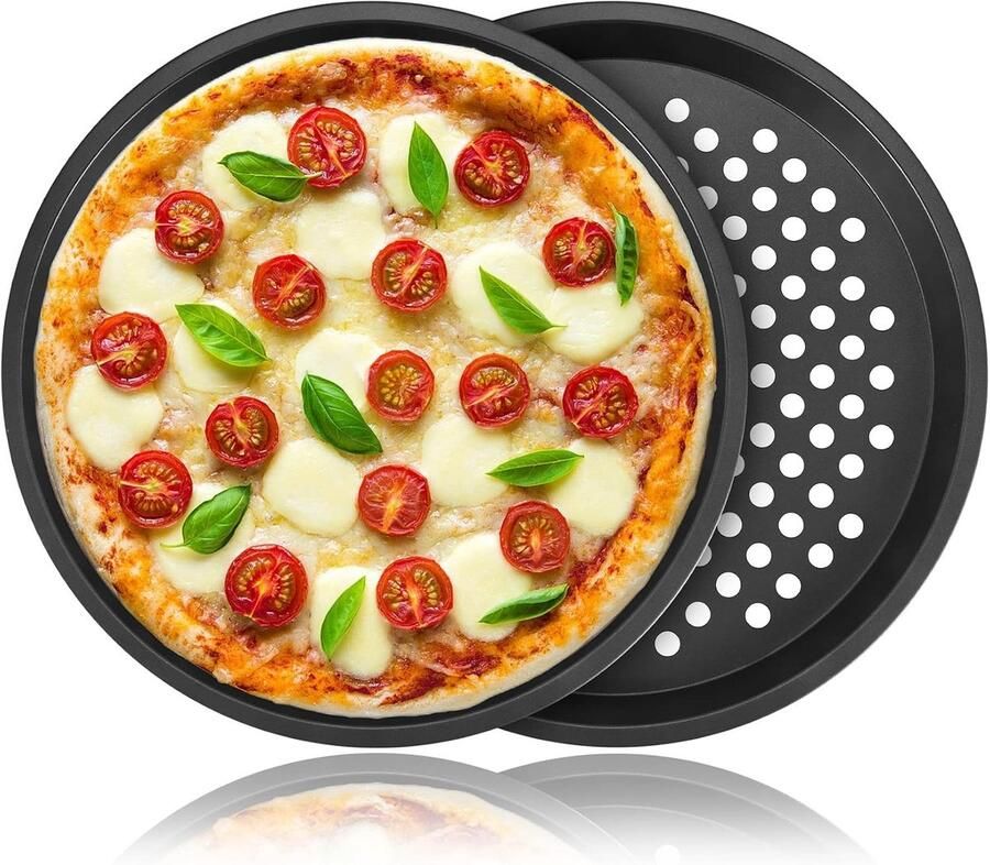 Set van 2 Carbon Stalen Pizza Platen 28 cm met Gaten voor Oven Ideaal voor Pizza Taarten en Snacks
