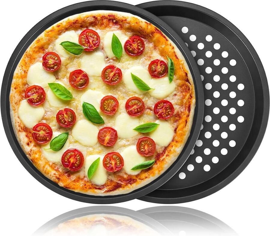 Set van 2 Carbon Stalen Pizza Platen 28 cm met Gaten voor Oven Ideaal voor Pizza Taarten en Snacks