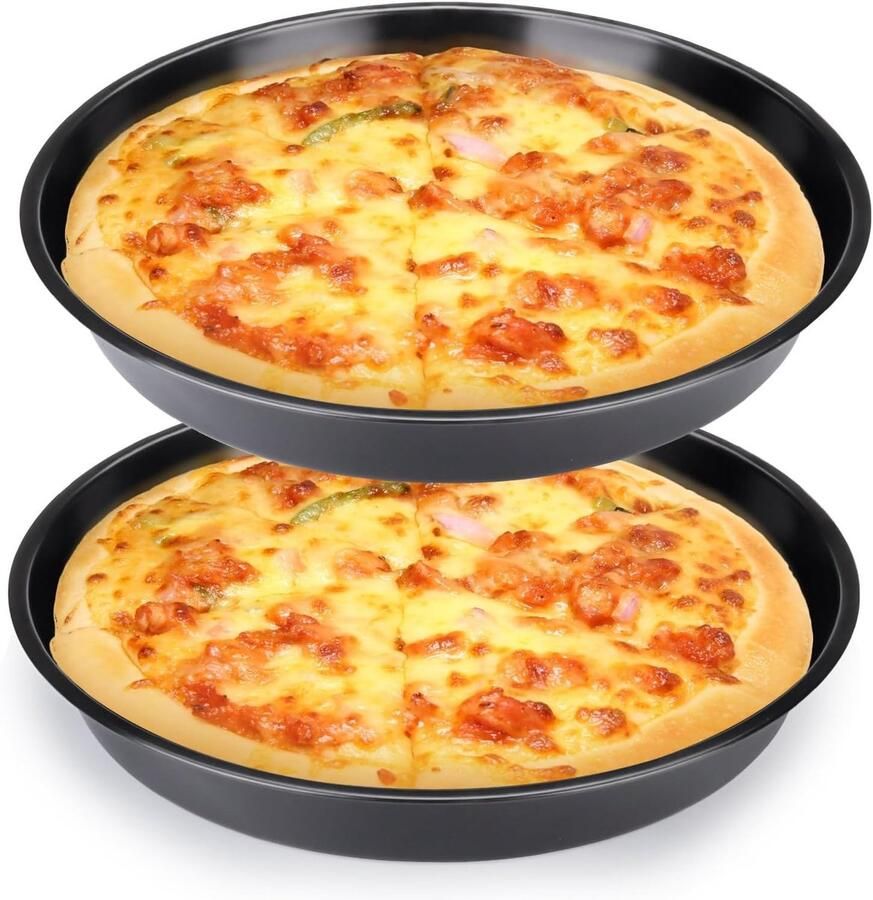 Set van 2 Diepe Pizza Pannen voor de Oven Antiaanbaklaag Ronde Bakplaten van Koolstofstaal 31.5 cm voor Perfecte Pizza's en Taarten