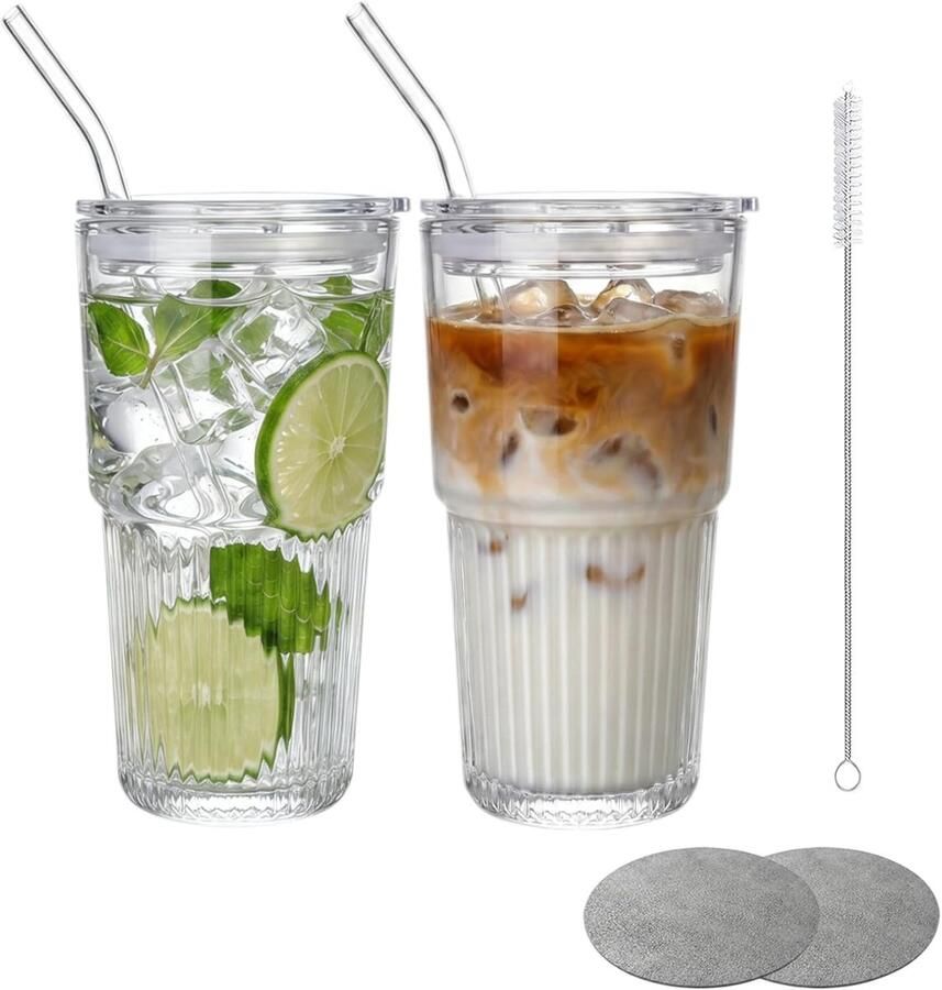 Set van 2 drinkglazen met rietje 550 ml geribbelde glazen bekers schuifdeksel 2 glazen rietjes lekvrij vaatwasmachinebestendig voor koude koffie en smoothies met tandenborstel en 2