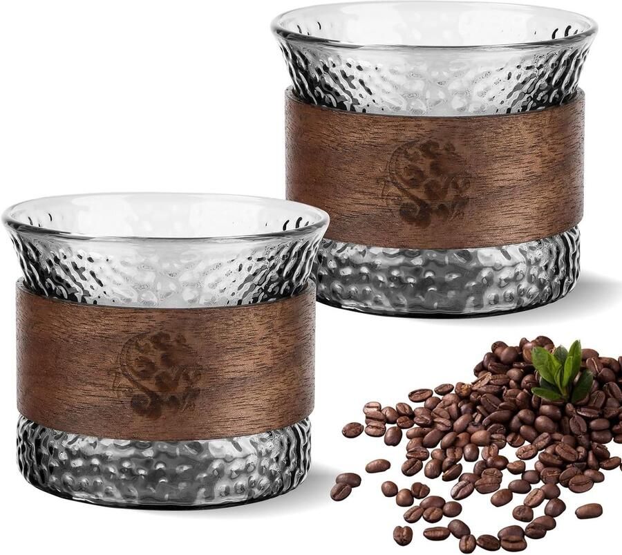 Set van 2 Dubbelwandige 150 ml Espresso Kopjes met Hittebestendige Houten Ring voor Espresso Thee en Mocha