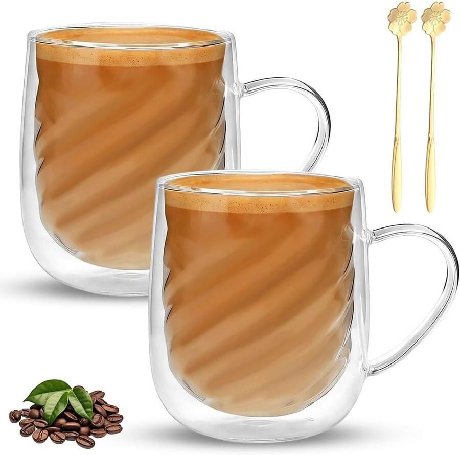 Set van 2 dubbelwandige 350 ml Latte Macchiato glazen koffieglazen theegläser met handvat en lepels borosilicaatglas koffiekopjes thermoglazen dubbelwandige koffieglas voor cappuccino
