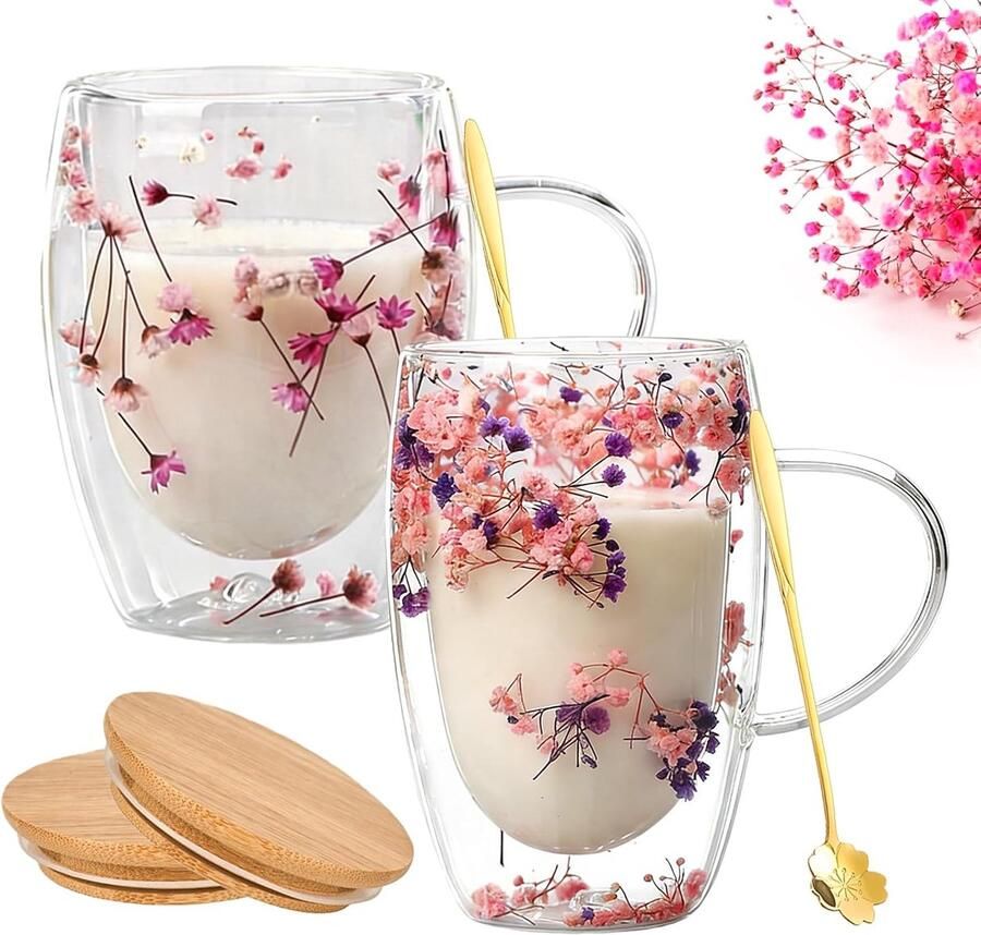 Set van 2 dubbelwandige bekers 350ml bloemenpatroon geïsoleerde koffiekopjes glazen met gedroogde bloemen dubbelwandige cappuccinokopjes voor cappuccino thee en melk (Roze+Paars)