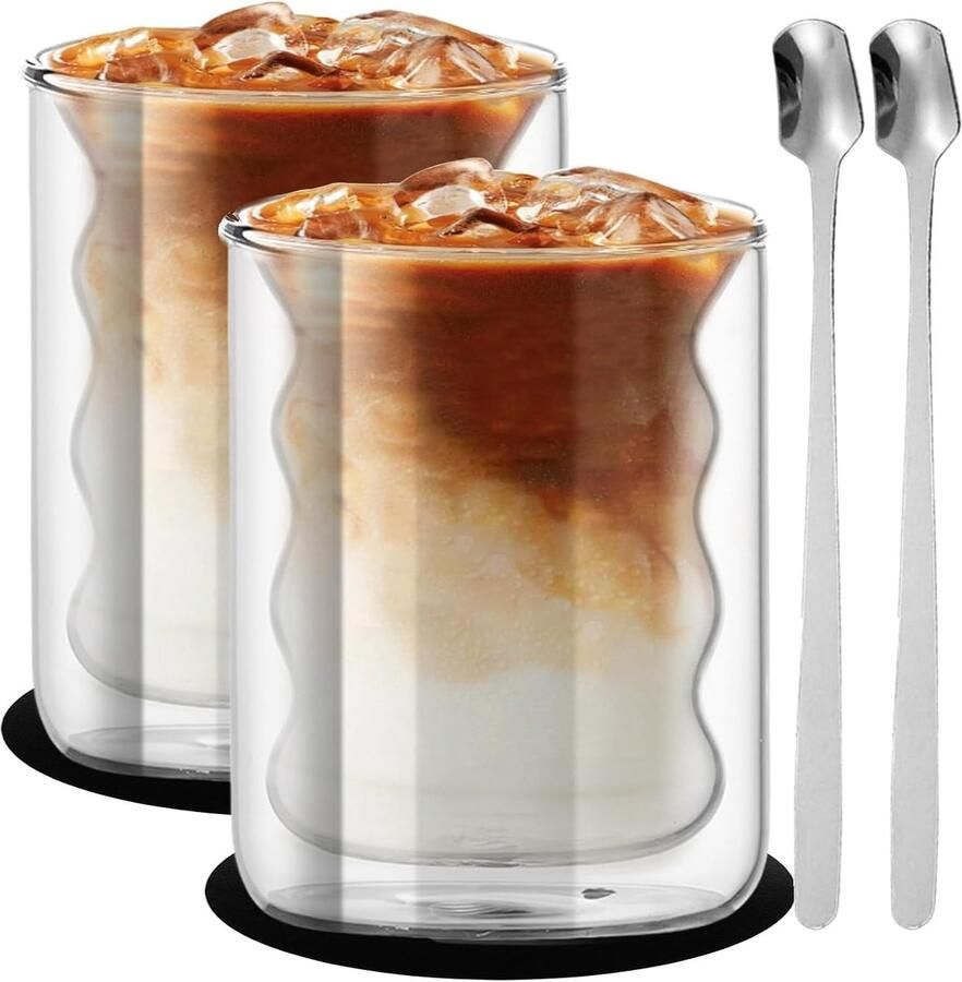 Set van 2 dubbelwandige glazen bekers voor koffie espresso thee en cappuccino thermobekers met 2 lepels en 2 onderzetters