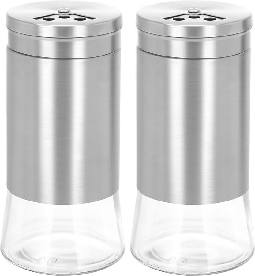 Set van 2 elegante hervulbare zout- en pepervaatjes van glas met verstelbaar schenkgat van roestvrij staal (zilver)