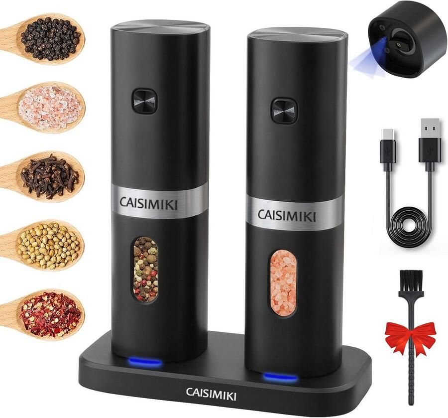 Set van 2 Elektrische Zout- en Pepermolens USB Oplaadbaar met LED Licht