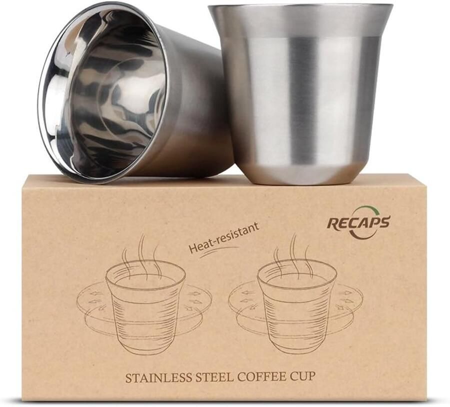 Set van 2 Espresso Kopjes 80ml Dubbelwandige RVS Demitasse Bekers