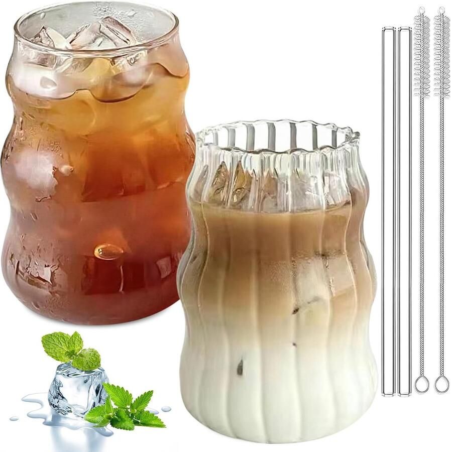 Set van 2 geribbelde drinkglazen 530 ml bubbelglazen met glazen rietjes latte macchiato-glazen cocktailglazen ijskoffieglazen met borstels gebruikt voor cocktail melk water