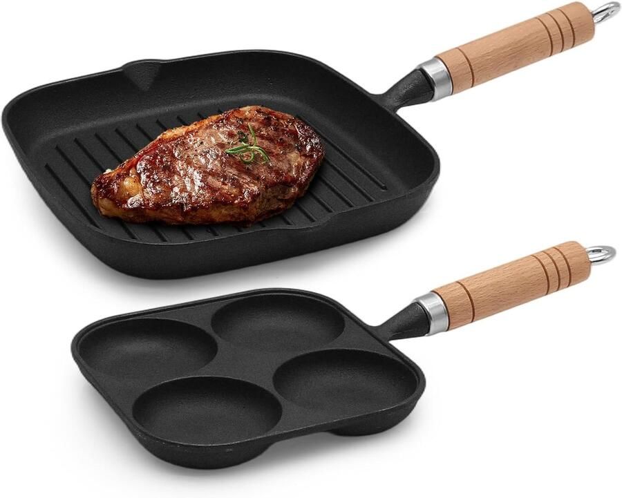Set van 2 gietijzeren pannen – pan met 4 gaten 18 x 18 cm & grillpan 23 × 23 cm – natuurlijke antiaanbaklaag gelijkmatige warmte – ideaal voor eieren pannenkoeken steaks en groenten