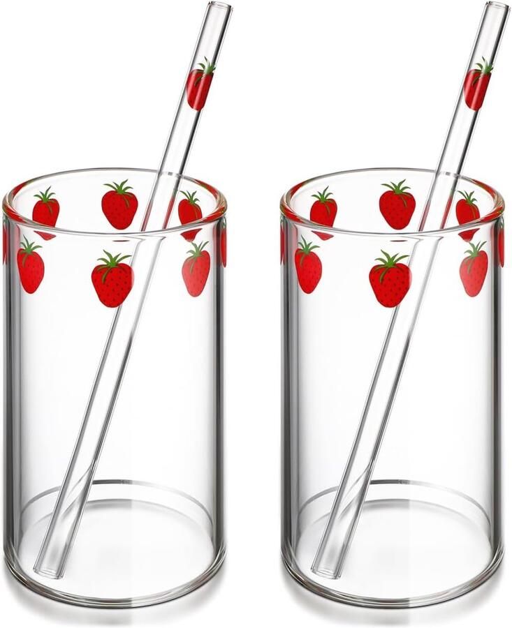 Set van 2 glazen aardbeibekers 300 ml schattige glazen transparante waterbeker met aardbeien-drinkglazen voor sap water melk koffie thee