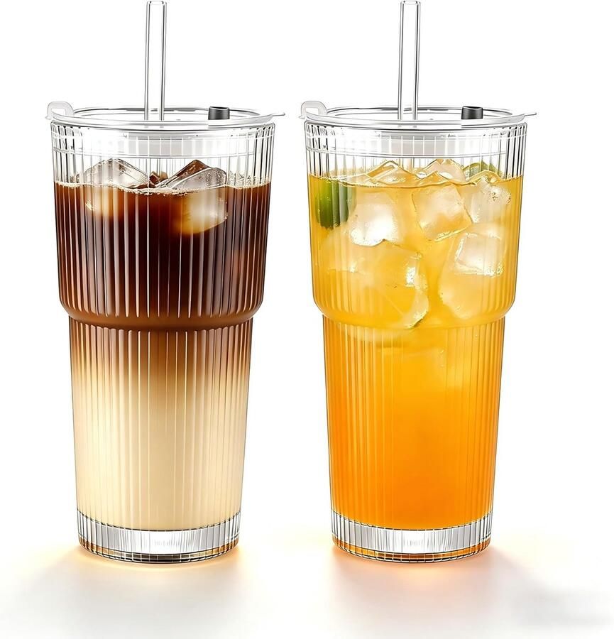 Set van 2 glazen bekers van 600 ml met deksel en rietje geribbelde koffie- en theeglazen voor ijskoffie smoothies sap en koude dranken elegant drinkservies voor thuis en onderweg